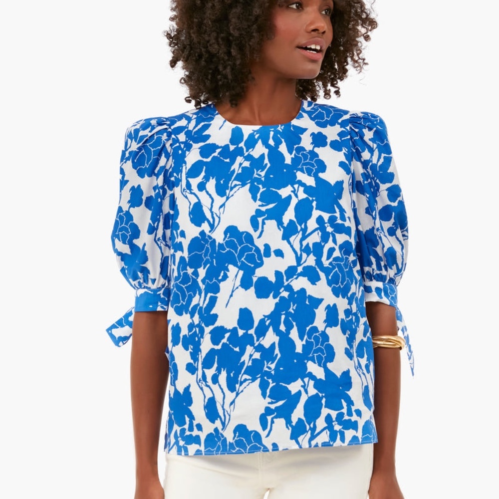 HYACINTH HOUSE Blue Floral Fiona Blouse w/ tie puff sleeves; Size S